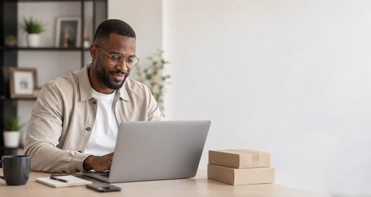 Ecommerce business owner working at a laptop beside packaged orders
